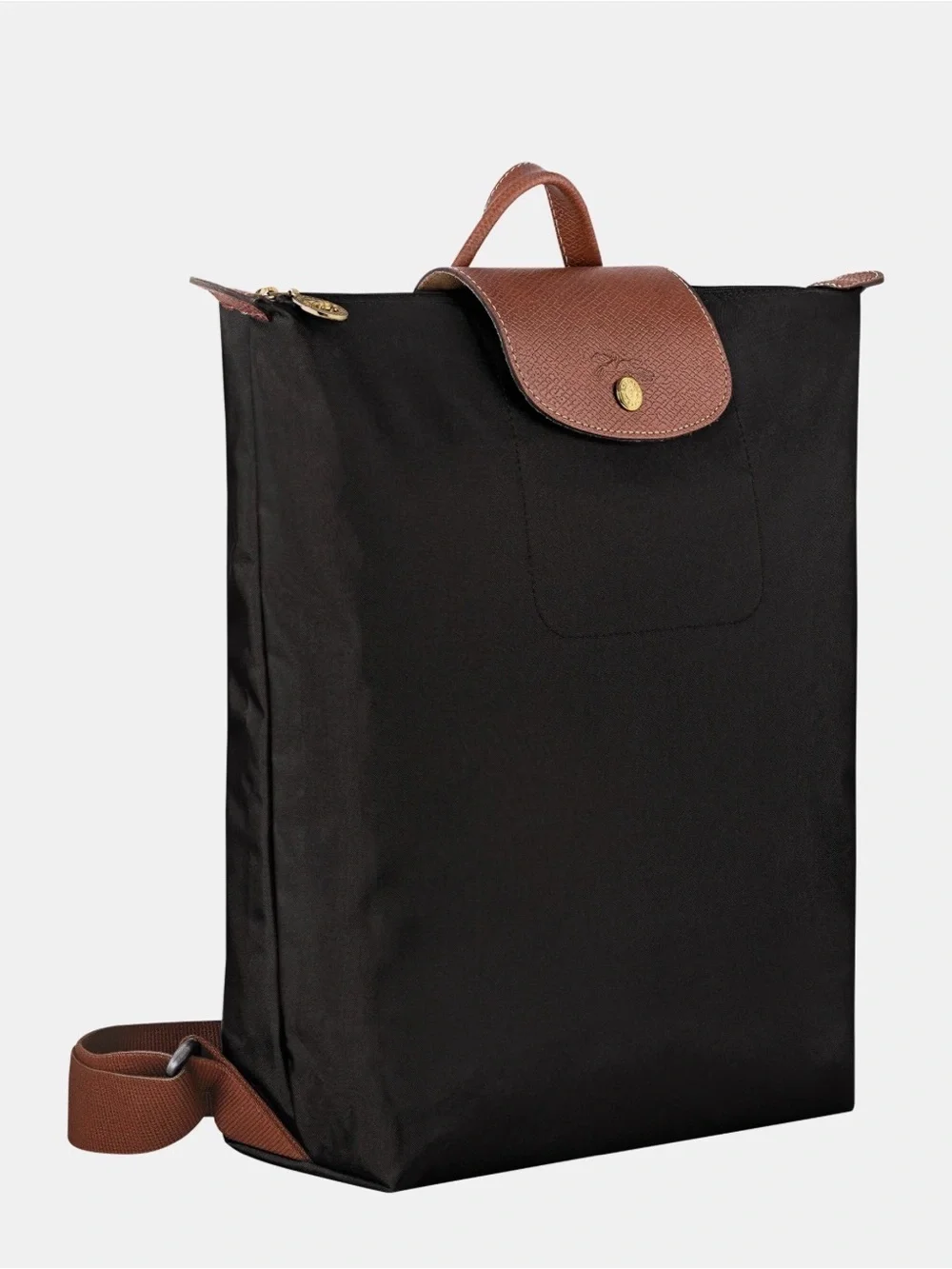 Longchamp Le Pliage Black Backpack with Brown Trim
